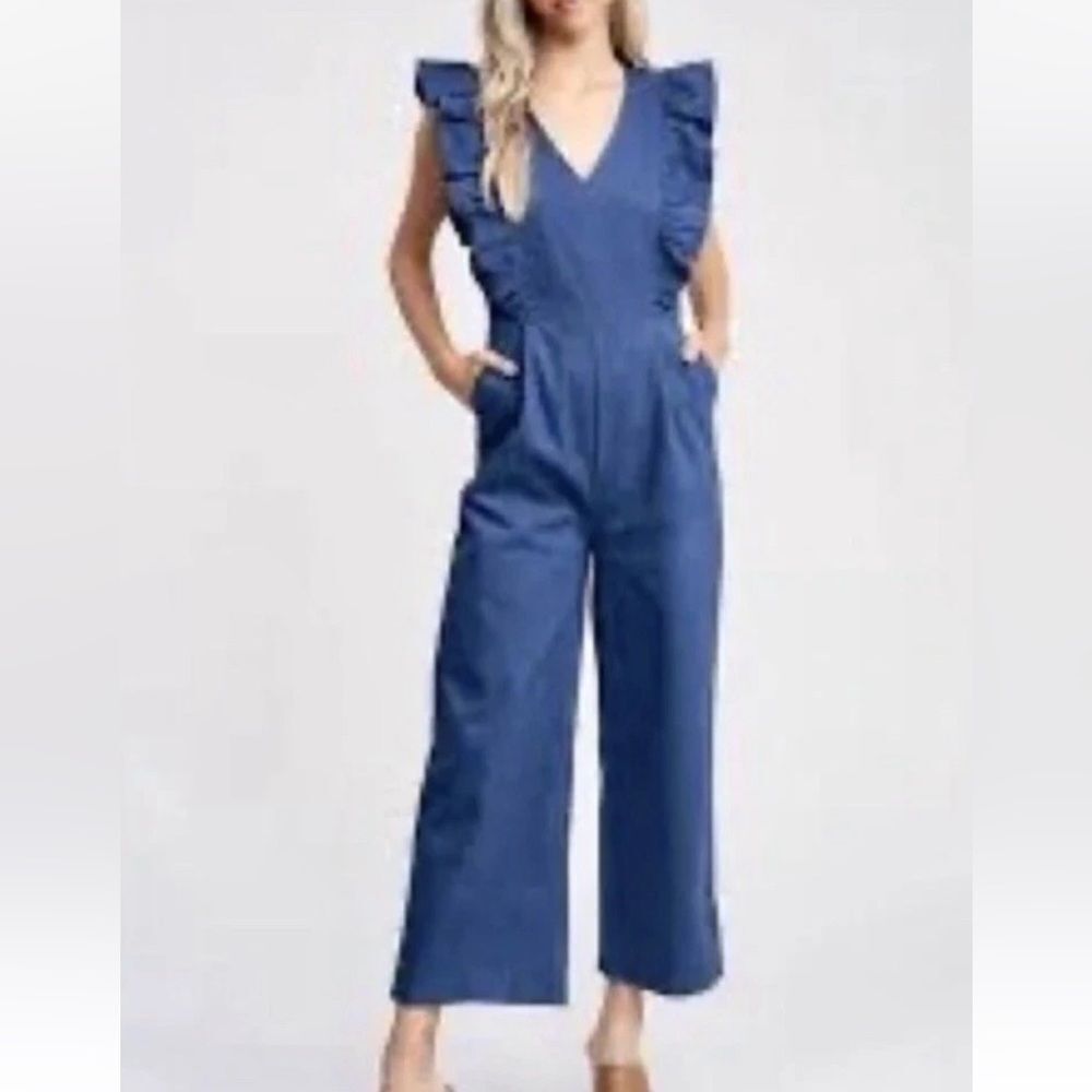 En Saison Denim Stretch Ruffled High Rise Wide Leg Crop Jumpsuit M